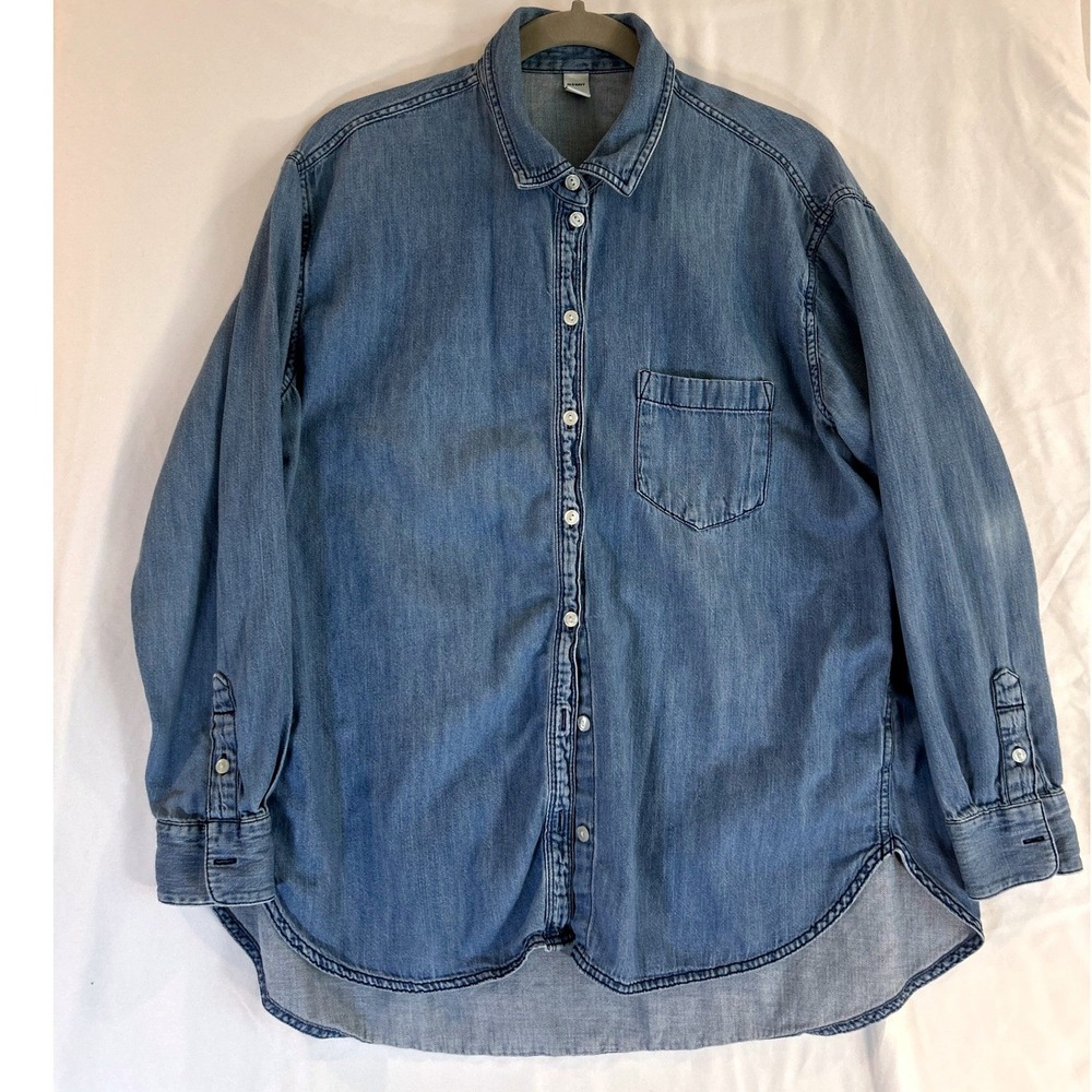 Old Navy Mens Large Light Wash Denim Button Down Long Sleeve Shirt 100% Cotton